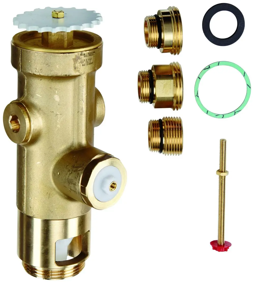 Graue GROHE Druckspüler-Einheit mit mehreren Anschlussnippeln und Dichtungen, zur Installation in einer Wandmontage. Sichtbare Bedienelemente für die Anpassung des Wasserdrucks.