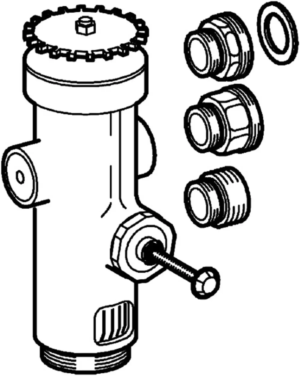 Grohe WC-Druckspüler, bestehend aus einem Wandeinbaukörper mit mehreren Anschlussstücken und Dichtungen, dargestellt in einem technischen Diagramm.