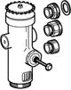 Grohe WC-Druckspüler, bestehend aus einem Wandeinbaukörper mit mehreren Anschlussstücken und Dichtungen, dargestellt in einem technischen Diagramm.
