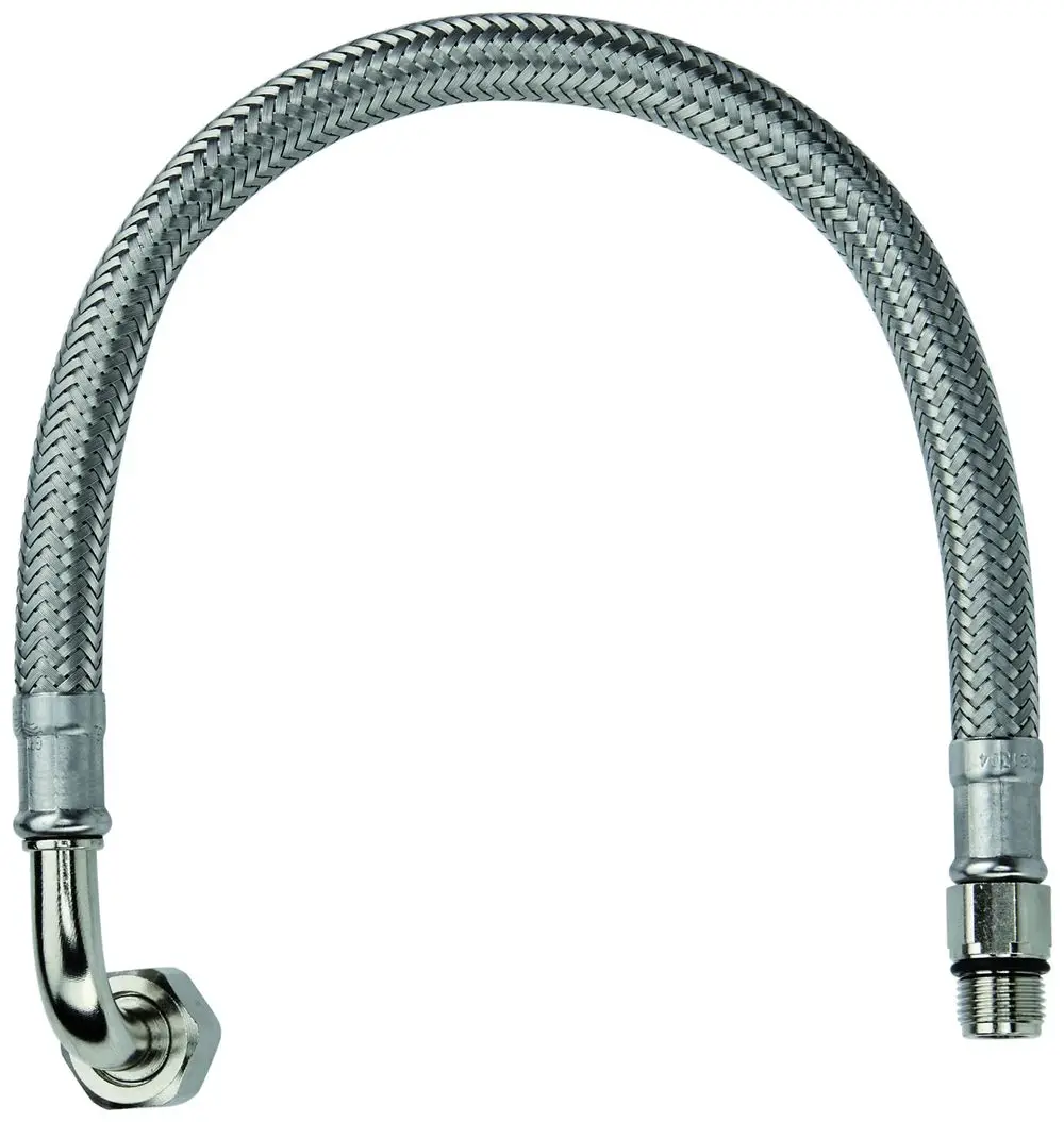 Flexibler Druckschlauch von Grohe mit gewelltem Metallmantel und zwei Anschlussstücken, einem mit 90-Grad-Biegung.