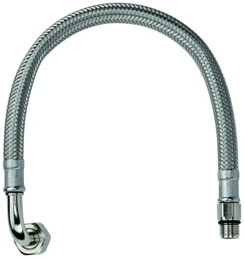 Flexibler Druckschlauch von Grohe mit gewelltem Metallmantel und zwei Anschlussstücken, einem mit 90-Grad-Biegung.