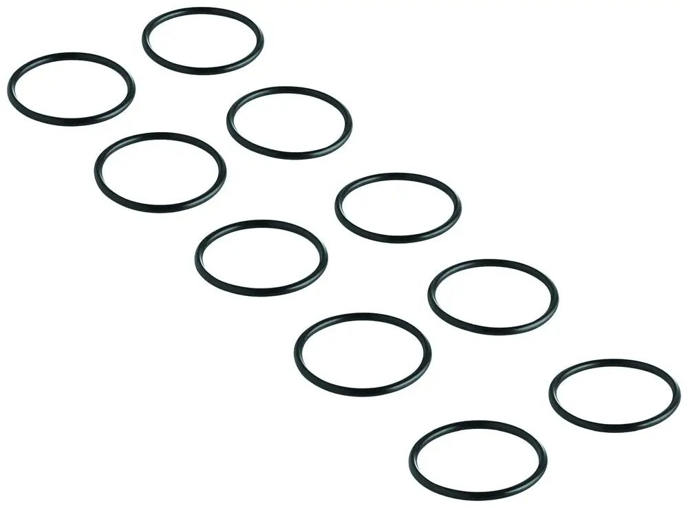 Schwarze O-Ringe in verschiedenen Größen, angeordnet in einer Reihe. Grohe-Produkt, geeignet für Dichtungsanwendungen in Sanitäranlagen.