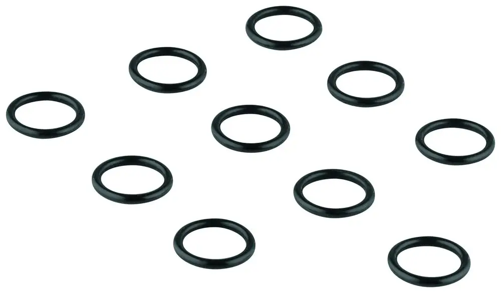 Schwarze O-Ringe in verschiedenen Anordnungen, hergestellt von Grohe. Zehn Stück sind sichtbar, sie haben eine runde Form und dienen als Dichtungs- oder Verbindungselemente.