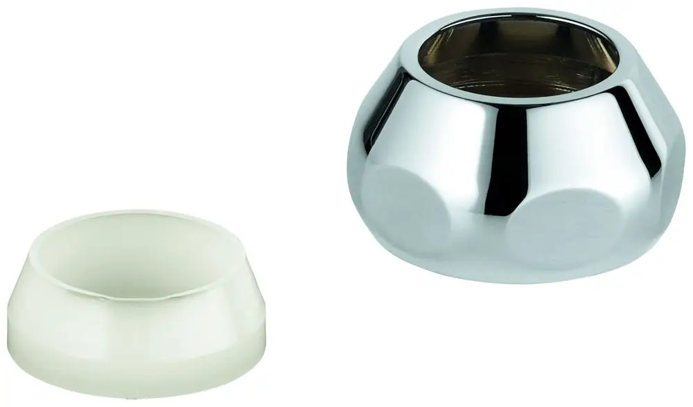 Zwei Anschlussmutter-Teile von Grohe, eine glänzende Metallmutter und eine transparente Kunststoffmutter, die übereinander angeordnet sind.