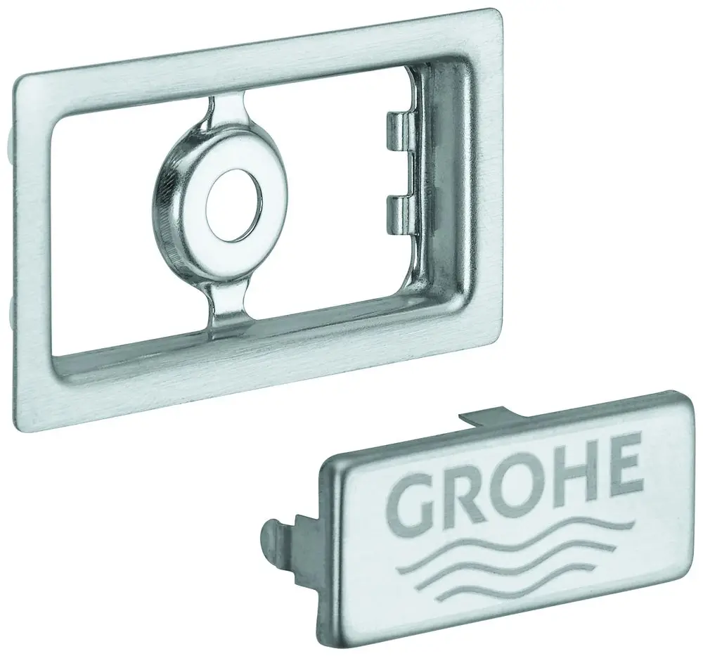 Edelstahl-Abdeckelement von Grohe für eine Küchenspüle, bestehend aus einer rechteckigen Abdeckung und einem runden Einsatz, ideal zur Anpassung in Kücheneinrichtungen.