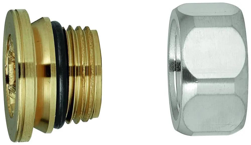 Zwei Armaturenteile von Grohe: Eine vergoldete Anschlussverschraubung mit Gewinde und O-Ring sowie eine silberne Mutter mit sechseckiger Form.