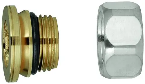 Zwei Armaturenteile von Grohe: Eine vergoldete Anschlussverschraubung mit Gewinde und O-Ring sowie eine silberne Mutter mit sechseckiger Form.