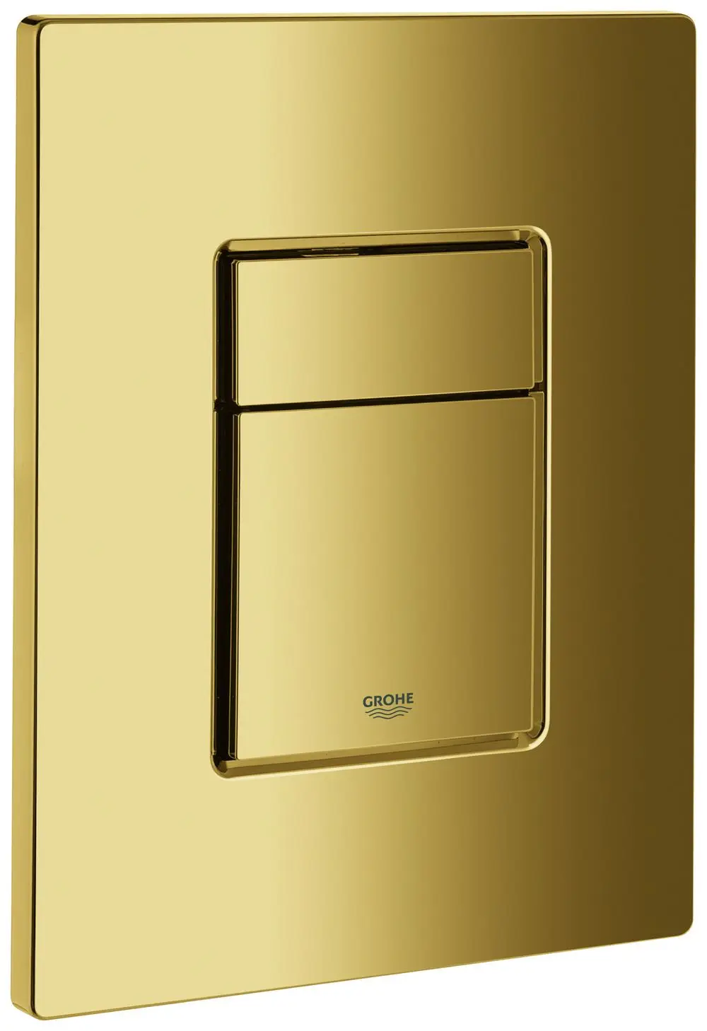 Goldene Abdeckplatte mit Drucktaste von Grohe. Das Design ist schlicht und funktional, geeignet für die Installation in einem Badezimmer.