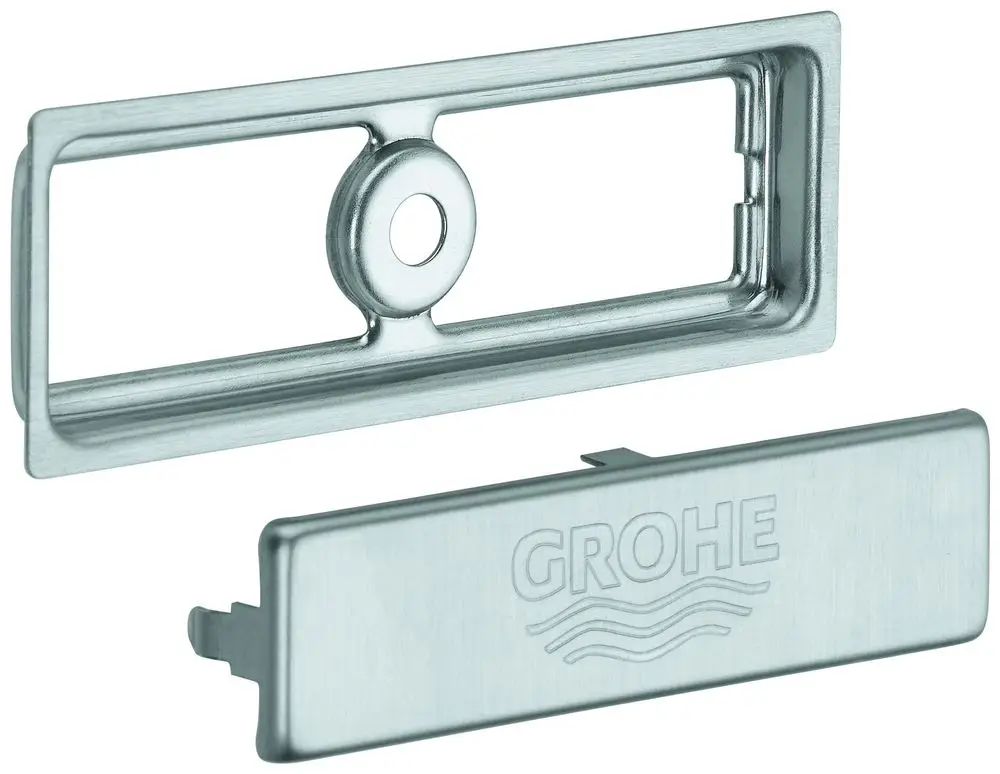 Edelstahl-Abdeckelement von Grohe für eine Küchenspüle, bestehend aus zwei Teilen: einem rechteckigen Rahmen und einer flachen Abdeckung mit Logo.