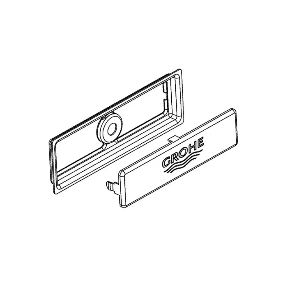 GROHE Abdeckelement in rechteckiger Form. Eine Seite mit runder Aussparung, die andere mit Logo. Geeignet für Küchenspülen aus Edelstahl.