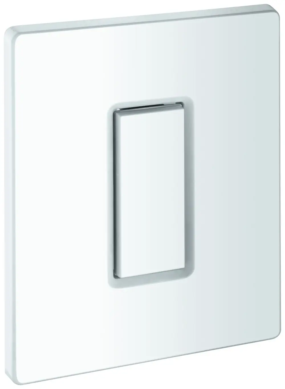 Weißes Bedienfeld mit Drucktaste, quadratischer Form und einem schlichten Design, hergestellt von Grohe.