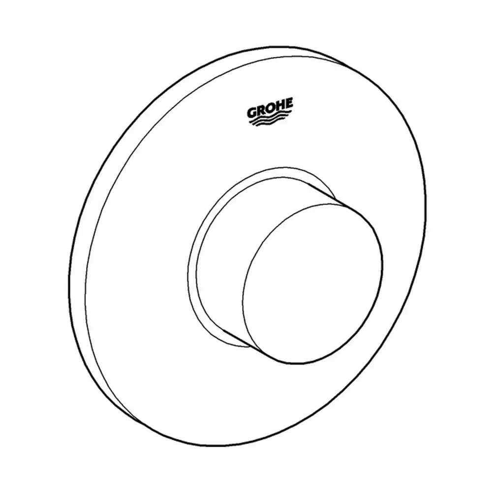 Weißer Betätigungsknopf mit runder Blende und zentralem Druckknopf, mit dem Logo der Marke Grohe.