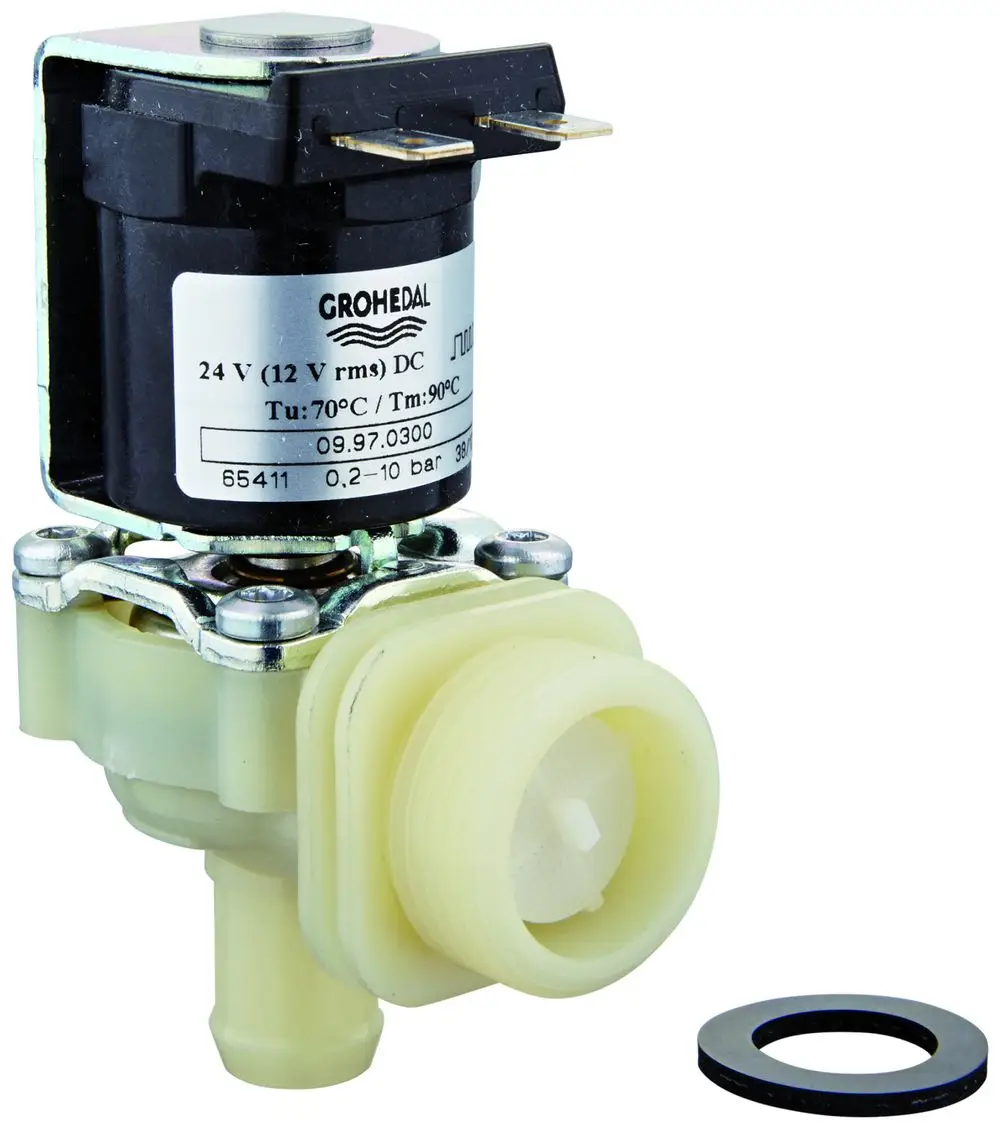 GROHE Magnetventil mit einer elektrischen Betätigung und einem Anschluss für Druckleitungen. Sichtbare Anschlussklemmen und ein Filtereinsatz sind vorhanden.