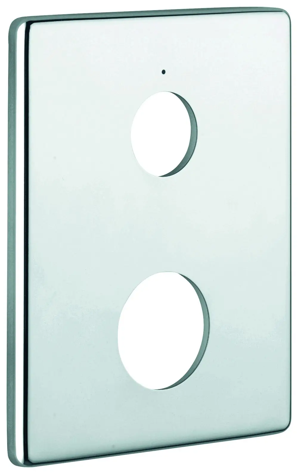 Grohe Edelstahl-Abdeckplatte mit zwei runden Ausschnitten, geeignet für eine Brausebatterie. Die Oberfläche ist spiegelglatt und reflektiert Licht.