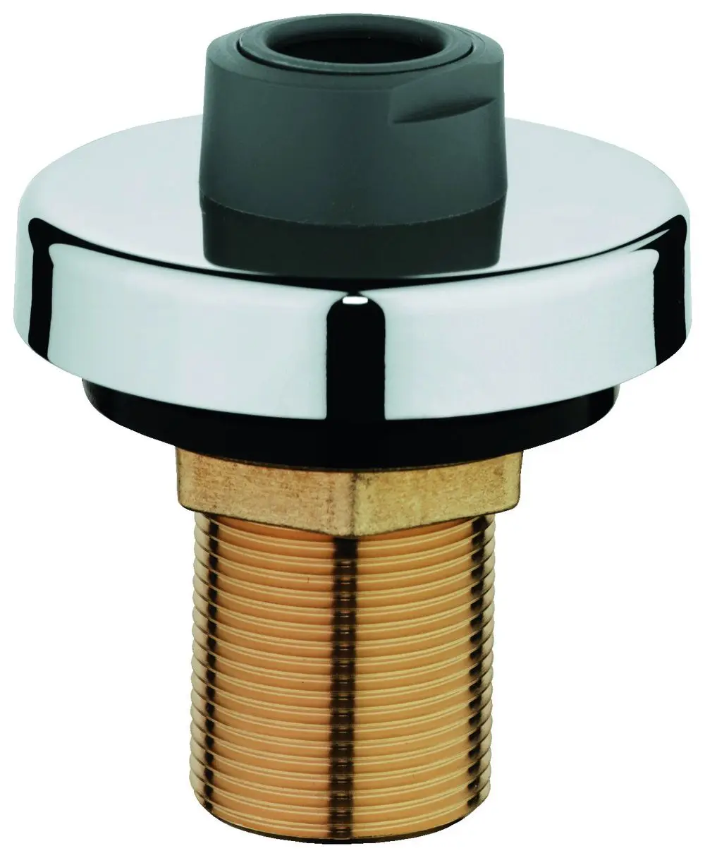 Grohe Schlauchdurchführung mit einem verchromten Metallkörper und einem schwarzen Kunststoffteil, geeignet für eine 3-Loch-Wannenkombination.