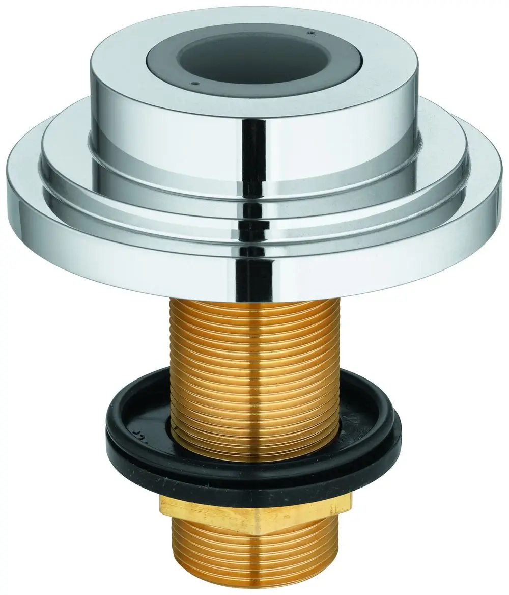 Grohe Schlauchdurchführung aus verchromtem Material mit einer goldfarbenen Gewindeoberfläche und einem schwarzen Dichtungsring für verschiedene Installationen.