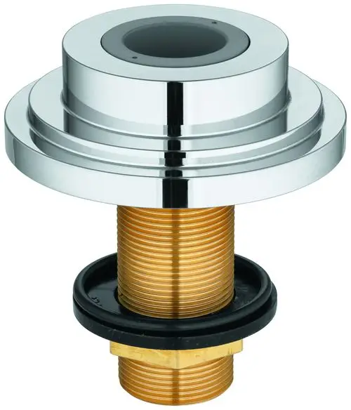 Grohe Schlauchdurchführung aus verchromtem Material mit einer goldfarbenen Gewindeoberfläche und einem schwarzen Dichtungsring für verschiedene Installationen.