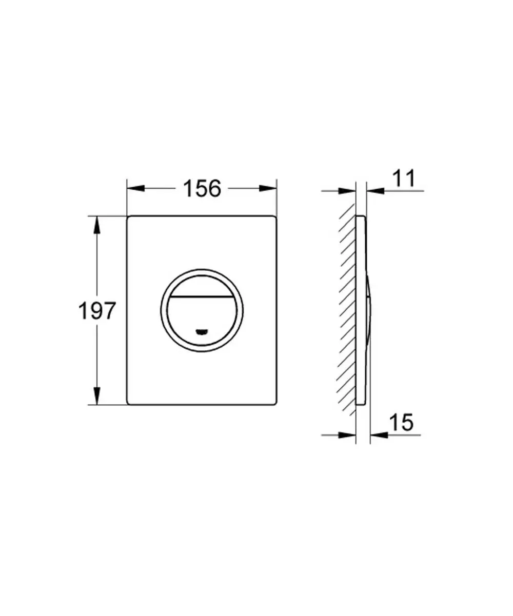 GROHE WC-Betätigung Nova C Light 38809, 2-Mengen/Start&Stopp Betätigung, chrom, 38809000. Front- und Seitenansicht mit Maßangaben.