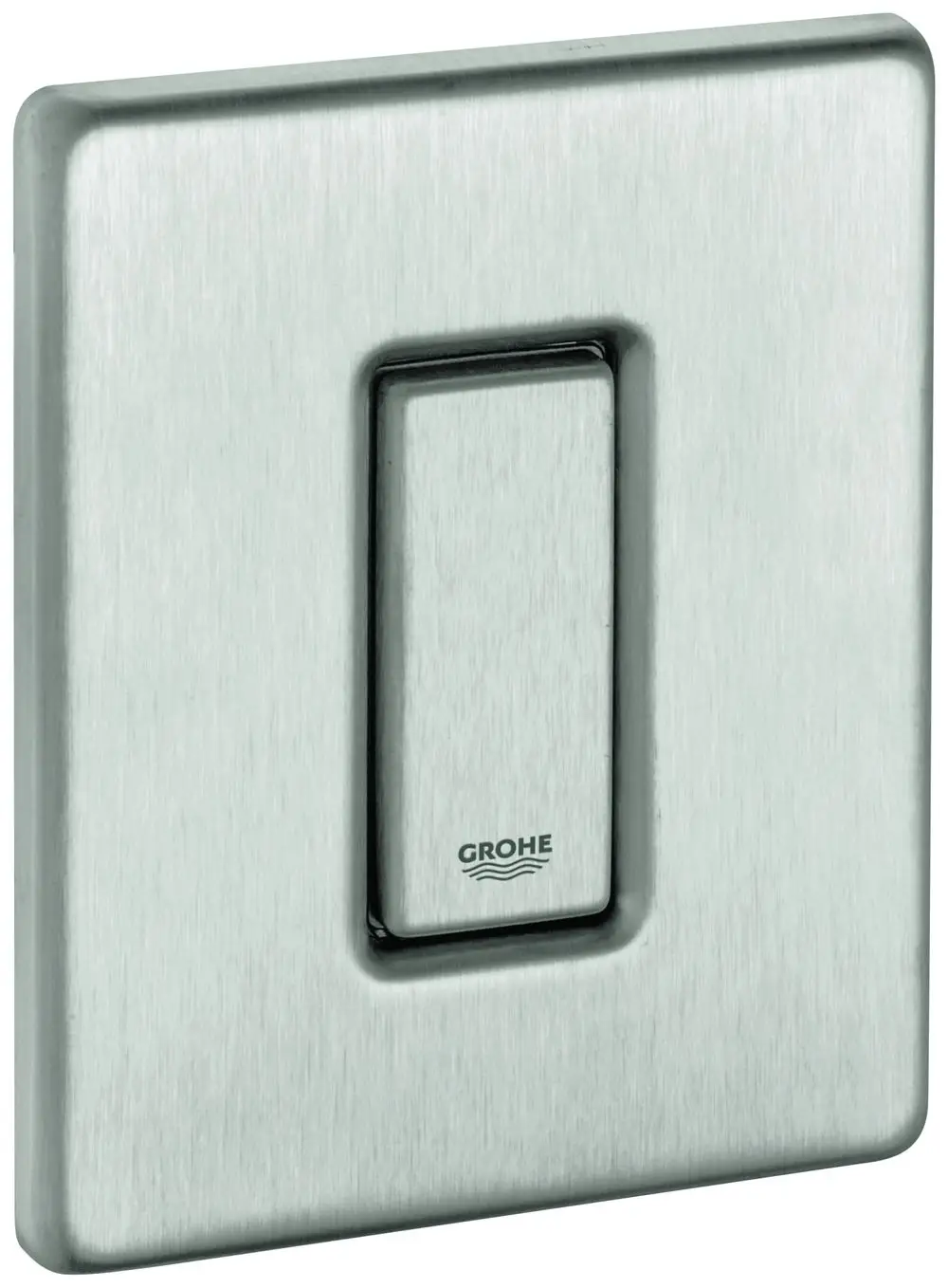 GROHE Abdeckplatte aus Edelstahl mit Drucktaste, rechteckige Form, flächenbündige Montage, geeignet für betätigungsarten in Badezimmern oder Toiletten.