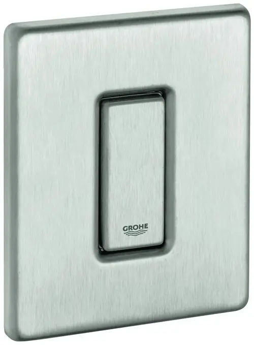 GROHE Abdeckplatte aus Edelstahl mit Drucktaste, rechteckige Form, flächenbündige Montage, geeignet für betätigungsarten in Badezimmern oder Toiletten.