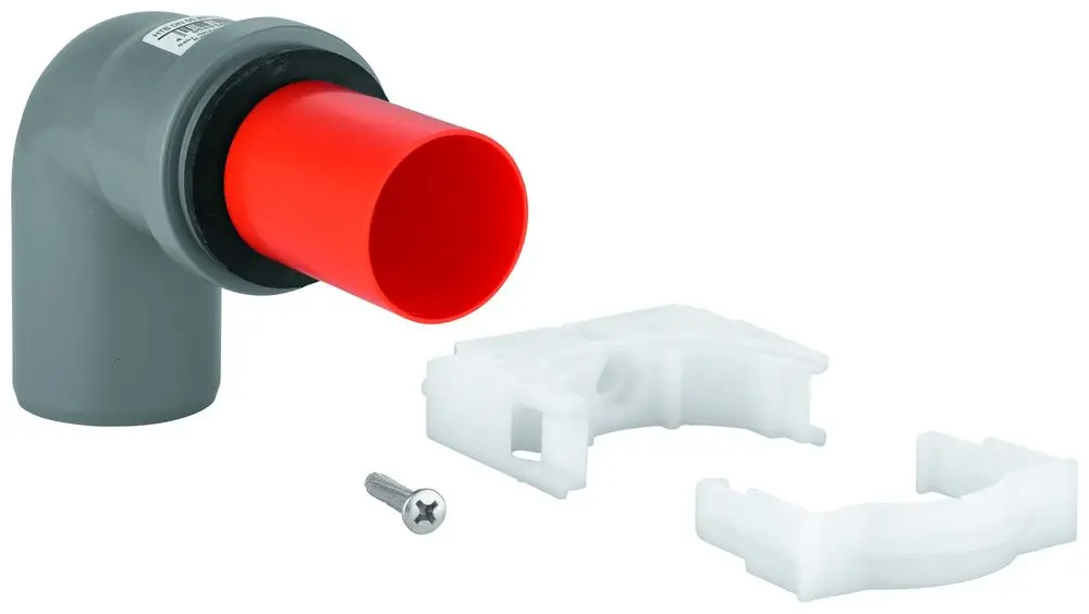 Grauem Ablaufbogen mit rotem Anschluss und einem weißen Halterungsstück, geeignet für Installationssysteme, hergestellt von Grohe.