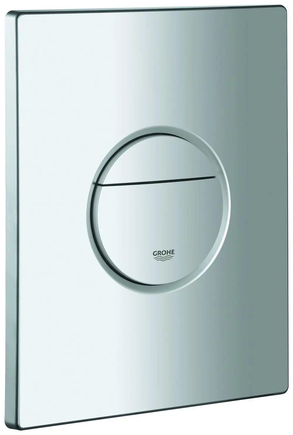 GROHE Abdeckplatte mit rundem Drucktaster in glänzender Oberfläche, montiert an einer Wand, ohne erkennbare Maße und ohne zusätzliche Beschriftungen.