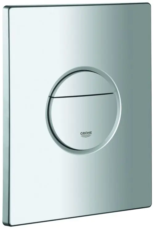 GROHE Abdeckplatte mit rundem Drucktaster in glänzender Oberfläche, montiert an einer Wand, ohne erkennbare Maße und ohne zusätzliche Beschriftungen.