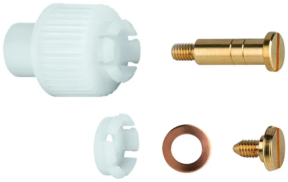 Baugruppen aus Kunststoff und Metall, bestehend aus einem weißen Griff, einer bronzefarbenen Schraube, einer Unterlegscheibe und einem zusätzlichen Montageelement, geeignet für Grohe Produkte.