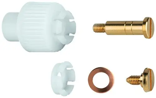Baugruppen aus Kunststoff und Metall, bestehend aus einem weißen Griff, einer bronzefarbenen Schraube, einer Unterlegscheibe und einem zusätzlichen Montageelement, geeignet für Grohe Produkte.