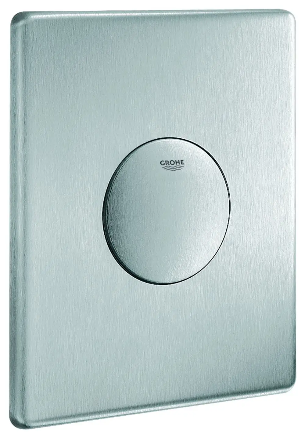 GROHE WC-Betätigung aus Edelstahl, rechteckige Form mit runder Betätigungstaste in der Mitte, montiert an einer Wand.