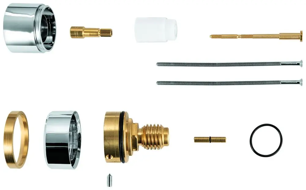 Ersatzteilset von Grohe, bestehend aus verschiedenen Komponenten wie Metallringen, Schrauben, einer O-Ring-Dichtung und weiteren Elementen zur Montage oder Reparatur.