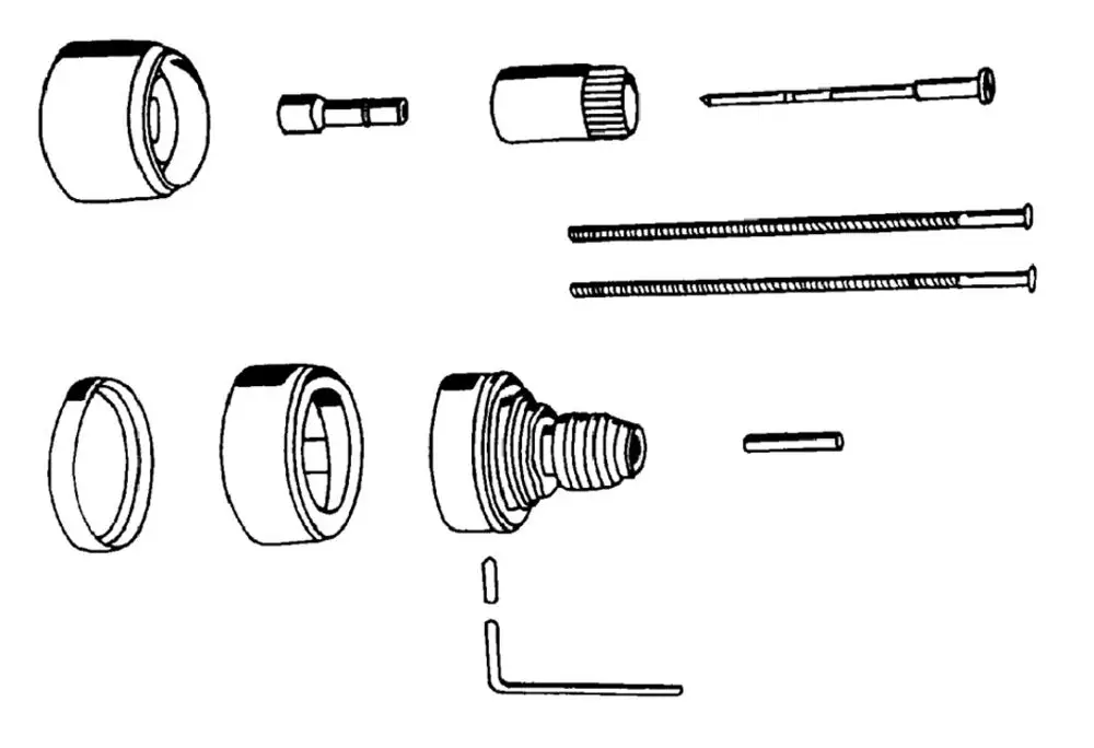 GROHE Komponenten in einem Satz, bestehend aus mehreren Ringen, Pins und einem Werkzeug, die zur Installation oder Erweiterung von Sanitäranlagen dienen.