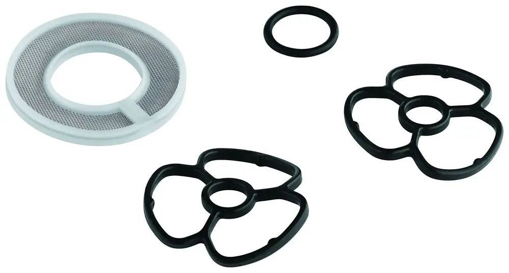 Schmutzsieb-Set von Grohe, bestehend aus mehreren Dichtungen und einem mit Mesh-Muster versehenen Sieb, geeignet für den Einsatz im Waschtisch.