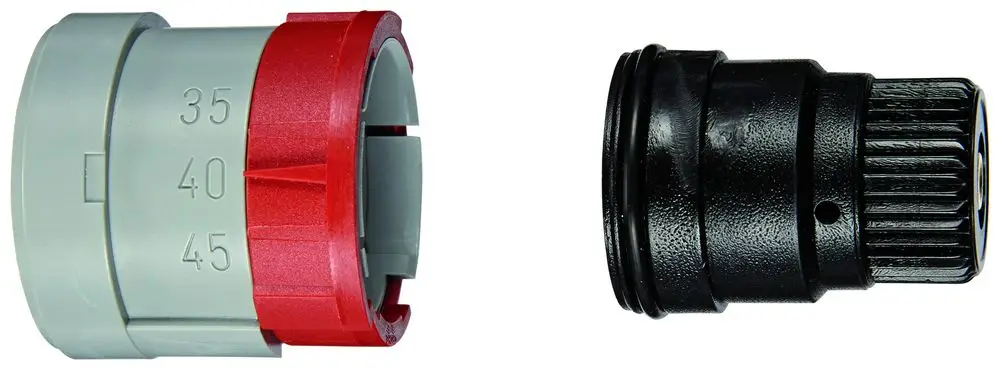 GROHE Montageelemente in verschiedenen Farben. Links ein grauer Anschlagring mit Skalen für 35, 40, 45, rechts eine schwarze Reguliermutter mit geriffeltem Griff.