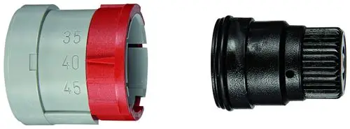 GROHE Montageelemente in verschiedenen Farben. Links ein grauer Anschlagring mit Skalen für 35, 40, 45, rechts eine schwarze Reguliermutter mit geriffeltem Griff.