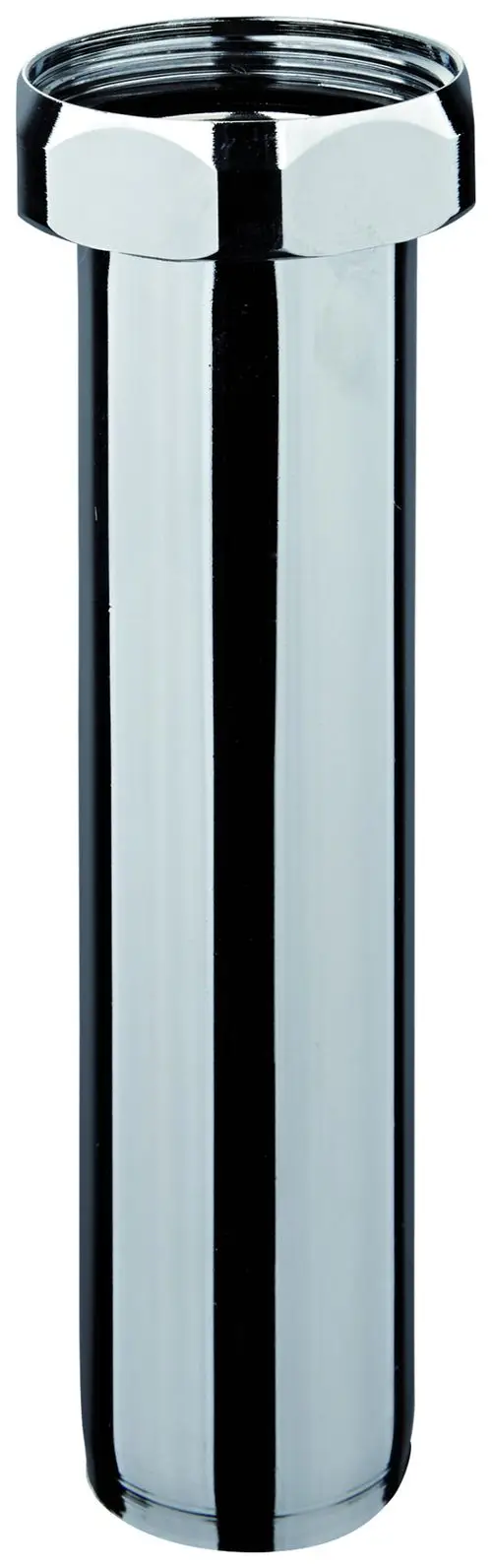 Glänzender, zylindrischer Abgangsstutzen aus Metall in Chrom-Optik, hergestellt von Grohe, geeignet für WC-Druckspüler. Aufsatz hat eine hexagonale Oberseite.