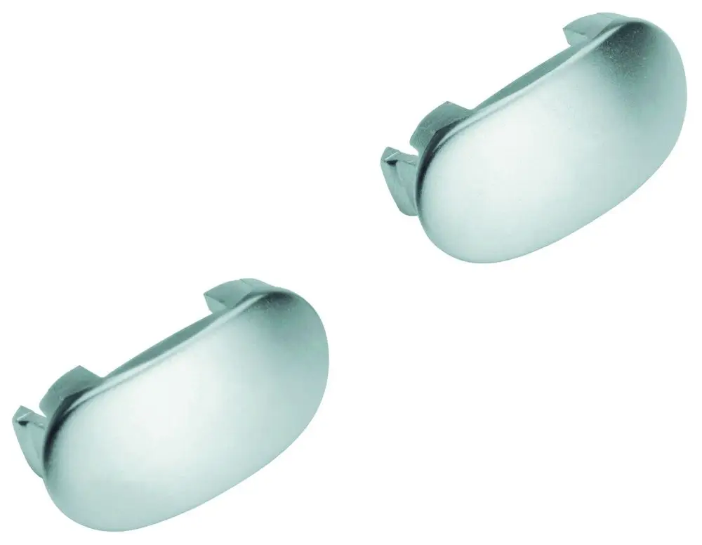 Zwei mattchromfarbene Abdeckkappen von Grohe, oval geformt mit seitlichen Klemmteilen zur Befestigung, auf weißem Hintergrund.