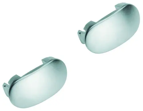Zwei mattchromfarbene Abdeckkappen von Grohe, oval geformt mit seitlichen Klemmteilen zur Befestigung, auf weißem Hintergrund.