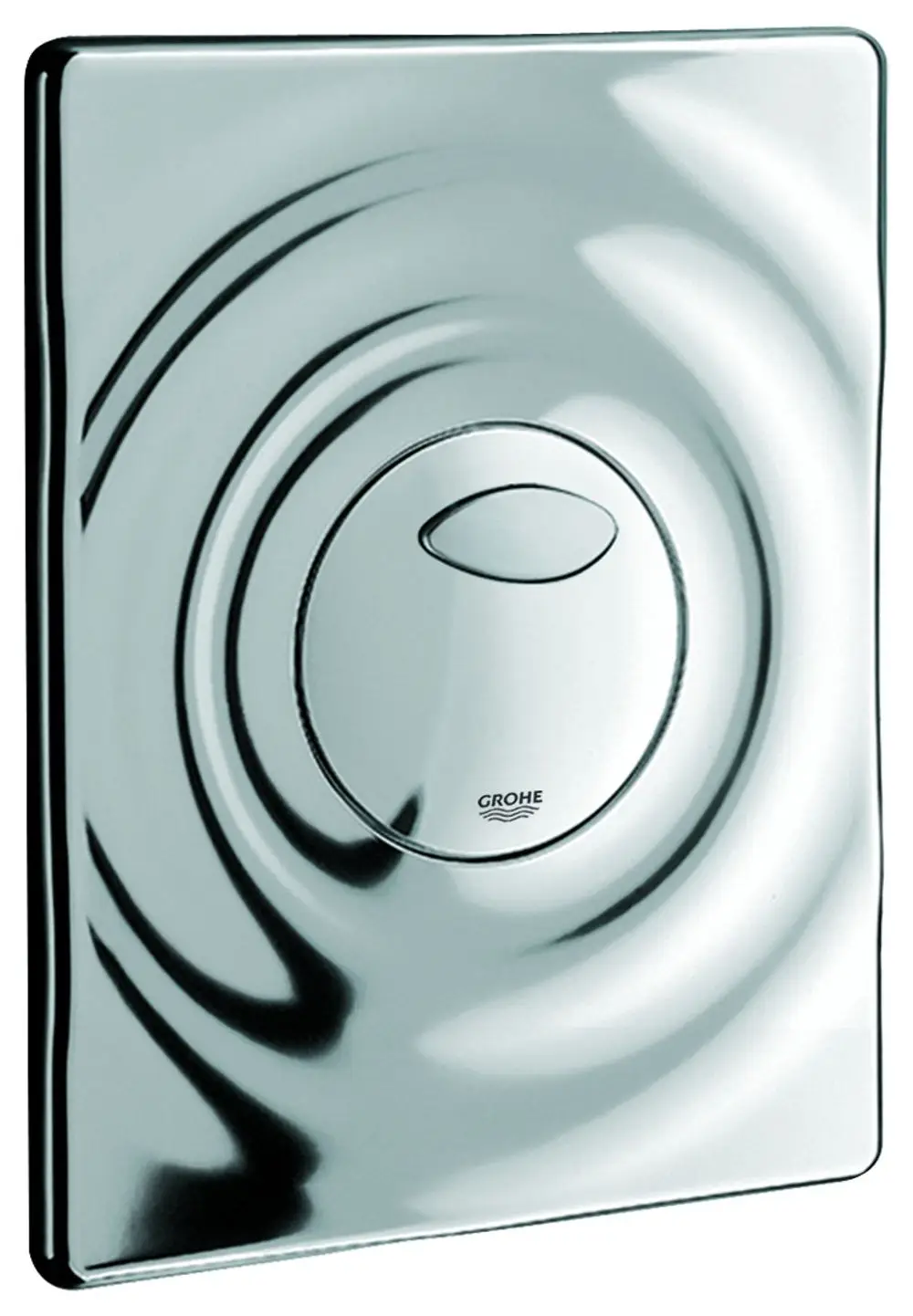 Chromatische WC-Betätigung von Grohe mit runder Taste in der Mitte und gewellter Oberfläche, geeignet für Dual-Flush-Systeme.
