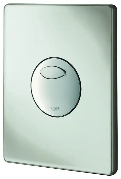 GROHE WC-Betätigung mit runder Taste auf mattem Hintergrund. Design in neutralen Farben, geeignet zur Montage in Badezimmern für die Betätigung von Spülkästen.
