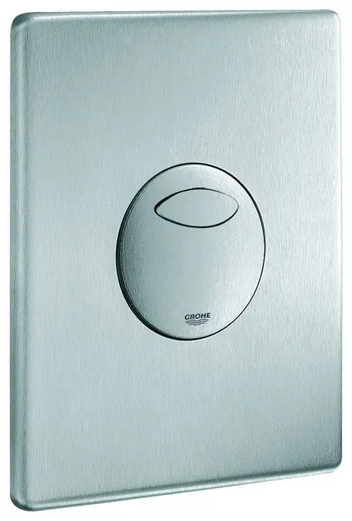 Wandbetätigung von Grohe in Edelstahloptik mit ovaler Drückerfläche. Für WC-Anlage mit 2-Mengen-Nutzung oder Start/Stopp-Funktion.