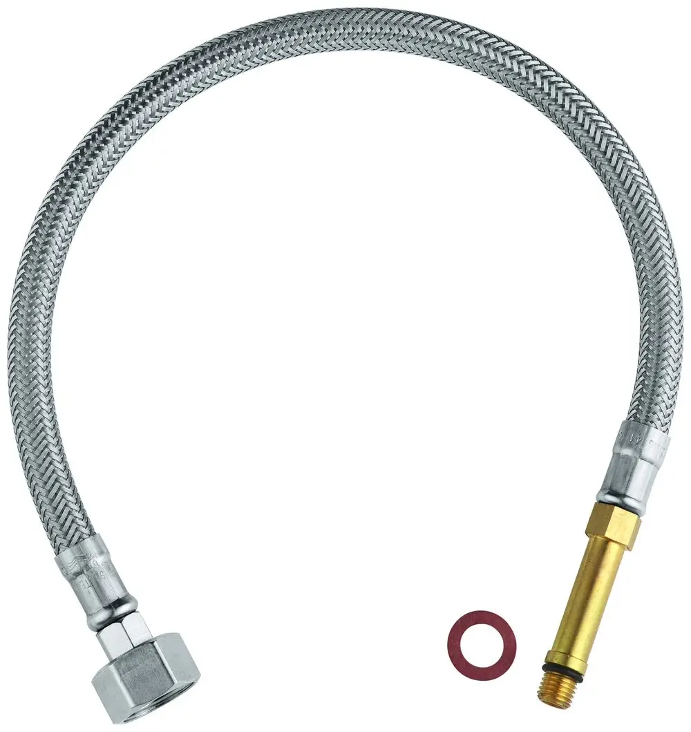Flexibler Schlauch mit gewebter Außenhülle und zwei unterschiedlichen Anschlüssen. Der Schlauch ist für die Verbindung in sanitären Einrichtungen geeignet und stammt von Grohe.
