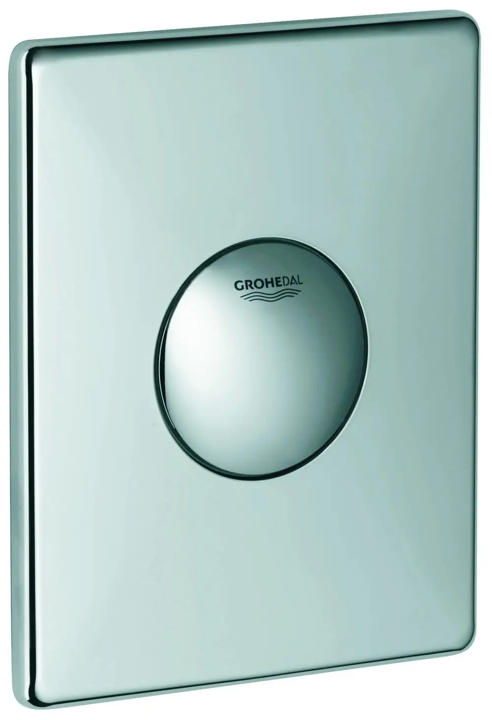 Betätigungselement aus verchromtem Material mit runder Druckknopffläche und edler Oberflächenstruktur, gestaltet von Grohe.