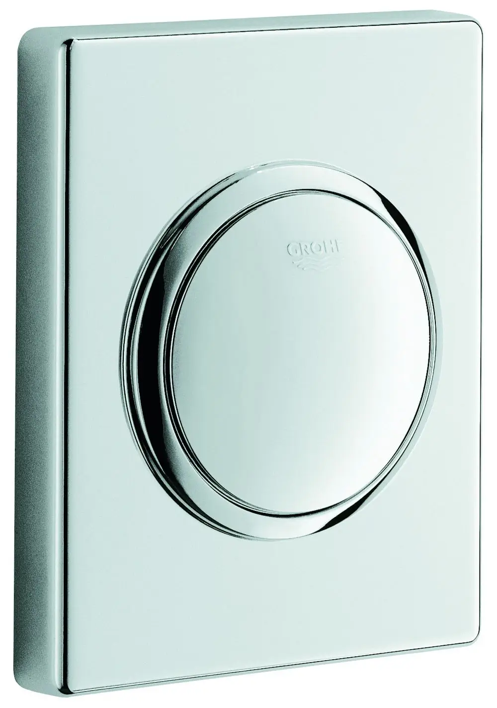 Drückerplatte aus Chrom für Urinalbetätigung, mit einem runden Druckknopf in der Mitte. Marke Grohe ist auf der Oberfläche sichtbar.