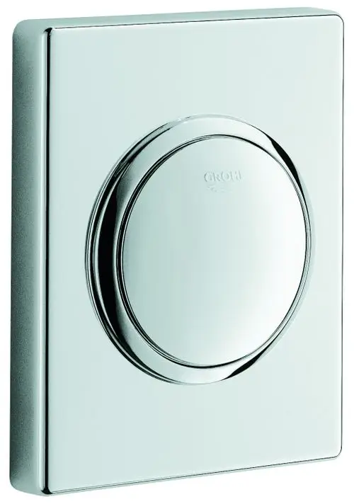 Drückerplatte aus Chrom für Urinalbetätigung, mit einem runden Druckknopf in der Mitte. Marke Grohe ist auf der Oberfläche sichtbar.
