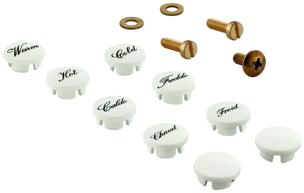 Weißes Set von Markierungsplättchen für Armaturen mit verschiedenen Temperaturbezeichnungen in deutscher und französischer Sprache, hergestellt von Grohe. Zubehörteile sind ebenfalls abgebildet.