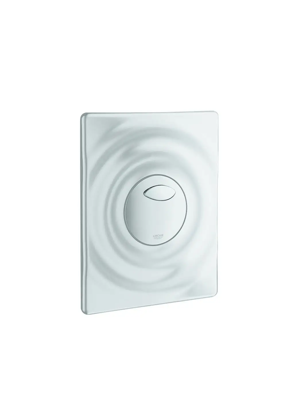 Betätigung für ein WC in mattem Design, mit runder Druckfläche. Die Konstruktion zeigt eine leicht gewellte Oberfläche. Produkt von Grohe.