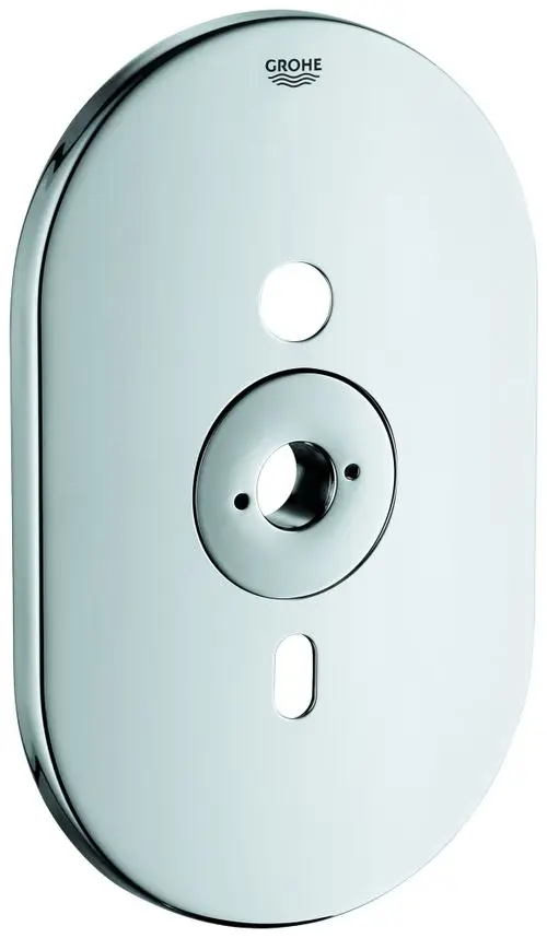 Metallische Abdeckplatte in glänzendem Chrom mit zentralem Loch und zwei weiteren Öffnungen, kennzeichnet von der Marke Grohe.