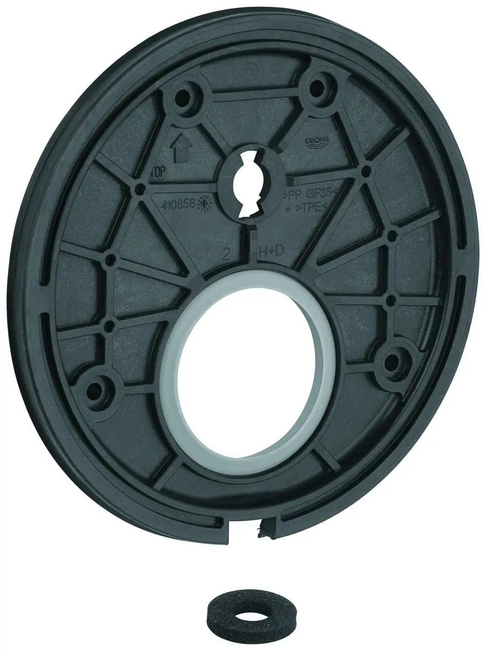 Schwarze Montageplatte von Grohe mit centralem Loch und umlaufendem Dichtungsring. Oben und unten sind Befestigungslöcher sichtbar. Im Bild liegt ein kleiner schwarzer Dichtungsring daneben.