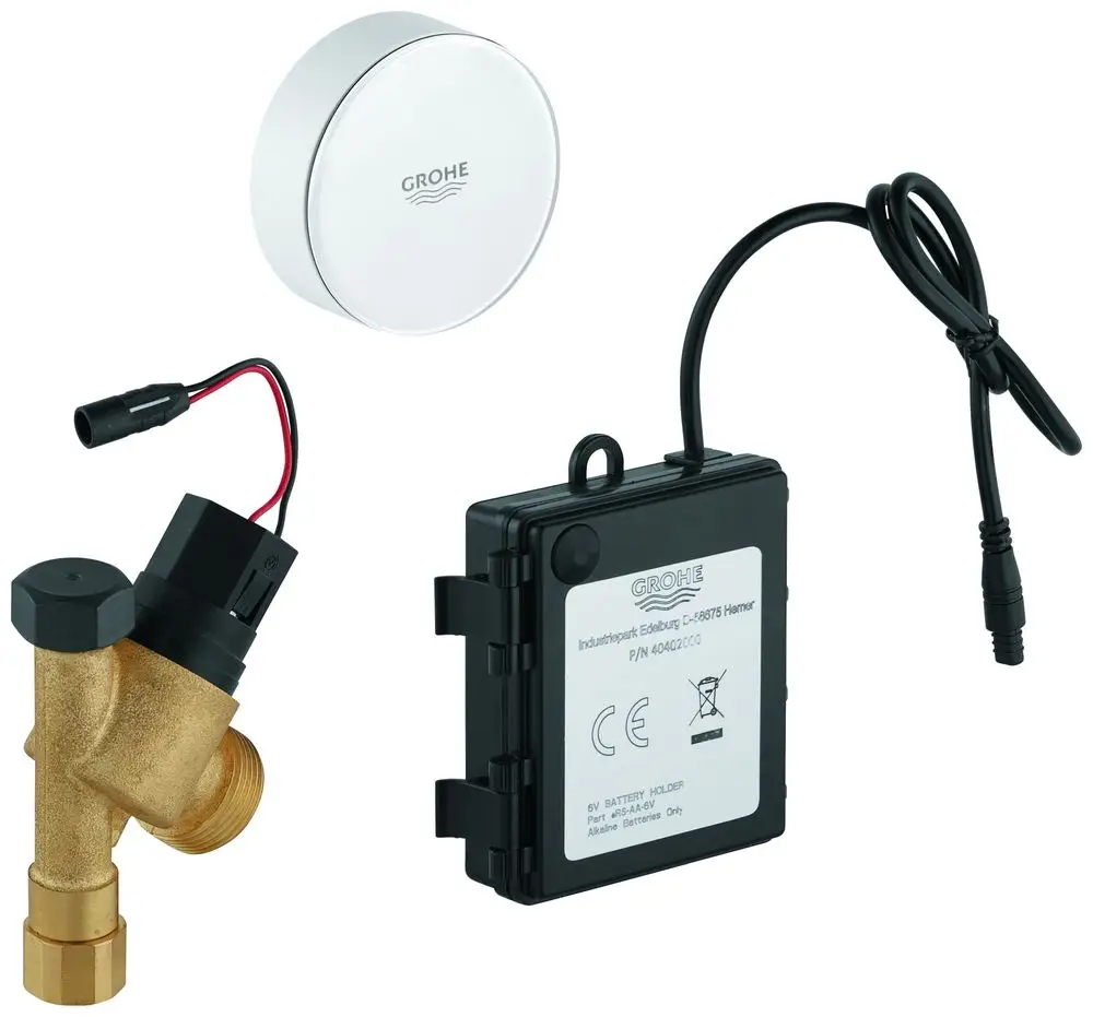 GROHE Absperrventil mit Anschluss für eine elektrische Steuerung, kombiniert mit einem Batteriefach und einem runden, weißen Steuergerät. Alle Teile sind in einem schlichten Design gehalten.